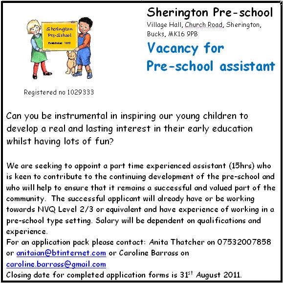 Job Vacancy for a Pre-school Assistant